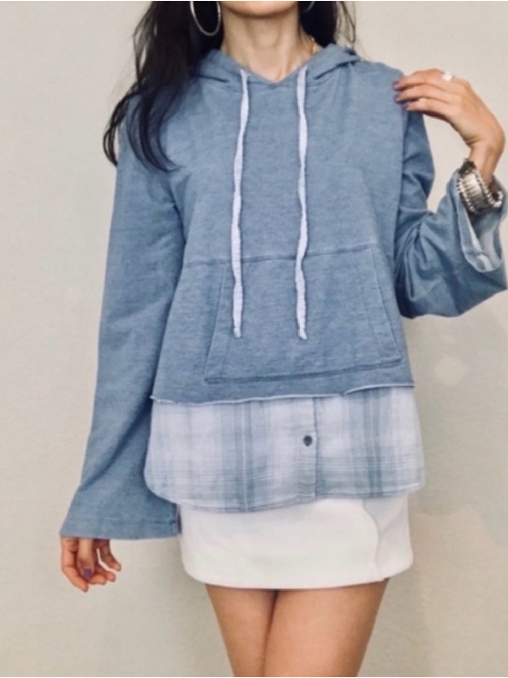 Cloth & Stone L Blue Chambray Plaid Layered Hoodie Tencel Cotton Anthropologie